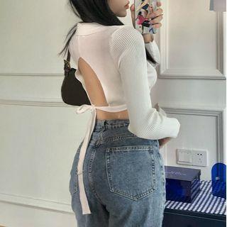 Collared Long-sleeve Cropped Knit Top White - One Size