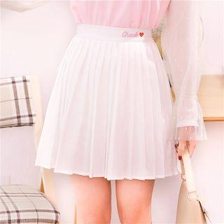 Letter Embroidered Pleated Mini A-line Skirt