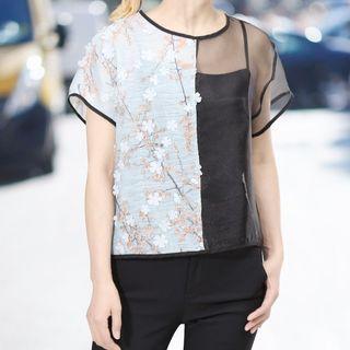Short-sleeve Floral Mesh Panel Top
