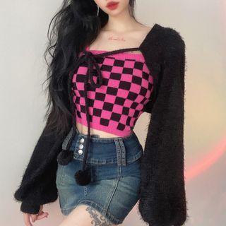 Checkerboard Knit Camisole Top / Tie-front Cropped Cardigan