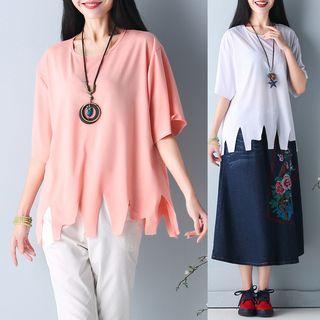 Plain Ripped Hem Elbow Sleeve T-shirt
