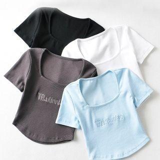 Short-sleeve Scoop-neck Lettering Embroidered Crop Top