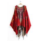 Fringed Print Poncho Red - One Size