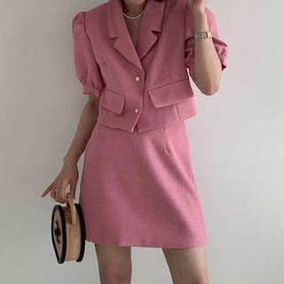 Set: Short-sleeve Cropped Jacket + A-line Skirt