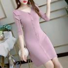 Elbow-sleeve Mini A-line Knit Dress