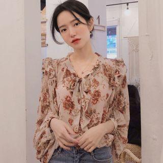 Lantern-sleeve Flower Print Chiffon Blouse