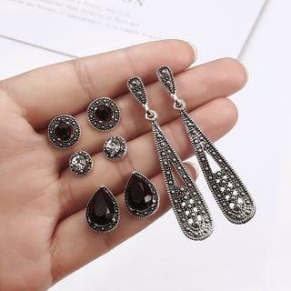 4 Pair Set: Rhinestone Earring (various Designs) 4 Pair - E0138 - Black & Silver - One Size