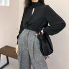 Set: Long-sleeve Bow-accent Plain Blouse + High-waist Plain Wide-leg Pants