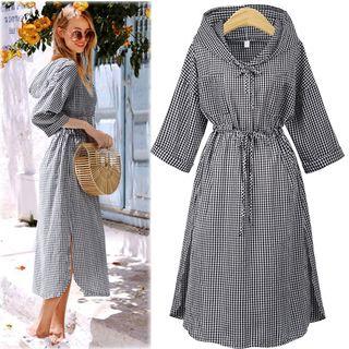 3/4 Sleeve Gingham Hooded Midi Dress