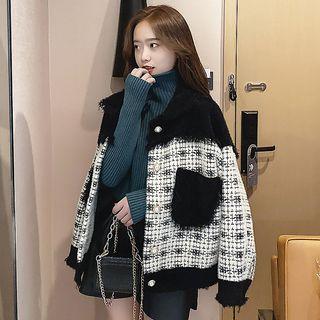 Faux Pearl Button Fray Hem Plaid Panel Jacket