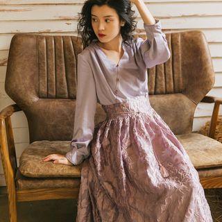 Long-sleeve Paneled Midi A-line Lace Dress