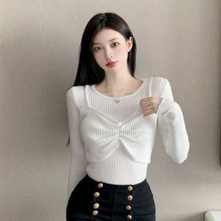 Mock Two-piece Long-sleeve Ribbed Knit Top