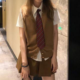 Button-up Sweater Vest / Short-sleeve Plain Shirt / Striped Tie / Mini Pleated Skirt / Set