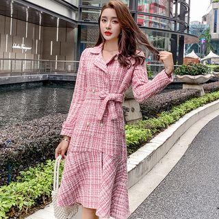 Long-sleeve Plaid Midi Tweed Dress