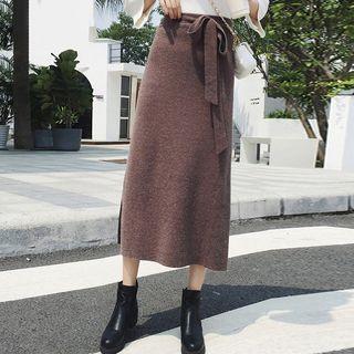 Tie-waist Midi A-line Knit Skirt