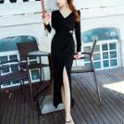 Long-sleeve Slit-front Midi A-line Dress