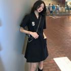 Short-sleeve Sequined Number Double Breasted A-line Mini Dress Black - One Size