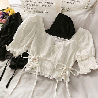 Embroidered Lace-up Crop Top
