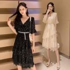 Ruffle Trim Star Print Elbow-sleeve A-line Dress