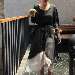 Set: Asymmetric Tie-waist Dress + Inner Dress Black - One Size