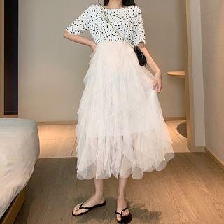Dotted Short-sleeve Midi A-line Mesh Dress