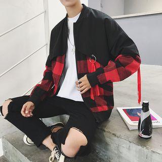Mock Two-piece Plaid Panel Zip Jacket