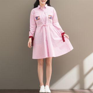 Applique Striped Long-sleeve Shirt Dress