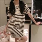 Short-sleeve Striped Mini Collared Dress Stripes - Black & White - One Size