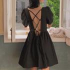 Puff-sleeve Open Back A-line Mini Dress Black - One Size