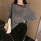 Long-sleeve Lettering Cutout Striped T-shirt As Shown In Figure - One Size