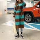 Slit-side Color-block Long Knit Top Brown - One Size
