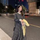Long-sleeve Floral Print Fleece-lined Midi A-line Dress