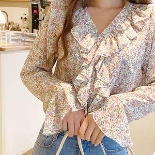 Ruffle-trim Floral Print Chiffon Blouse Ivory - One Size