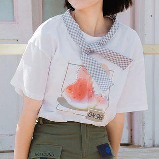 Check Scarf Watermelon Print Short-sleeve Top