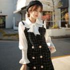 Set: Puff-sleeve Blouse + Tweed Pinafore Dress