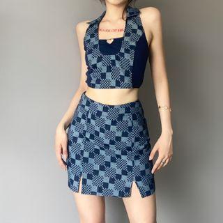 Halter-neck Check Pattern Top + Check Pattern Skirt