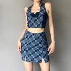 Halter-neck Check Pattern Top + Check Pattern Skirt