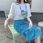 Short-sleeve Print T-shirt / Leopard Midi A-line Skirt