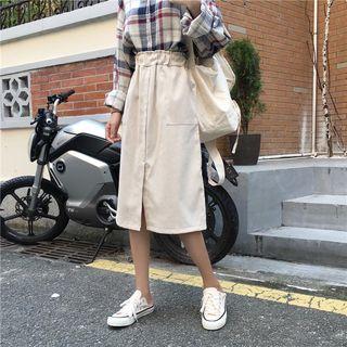 Plain Corduroy High-waist Midi Skirt