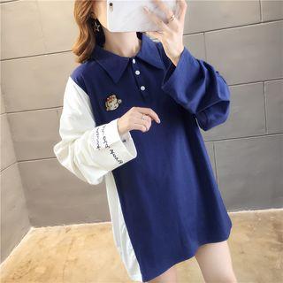 Long-sleeve Embroidered Color-block Polo Shirt