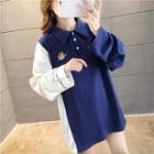 Long-sleeve Embroidered Color-block Polo Shirt