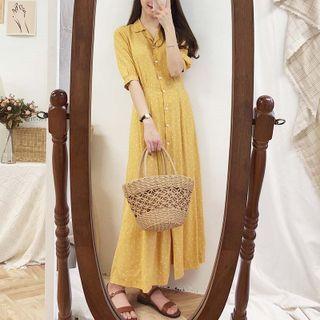 Short-sleeve Dotted Maxi A-line Shirtdress