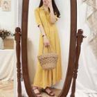 Short-sleeve Dotted Maxi A-line Shirtdress