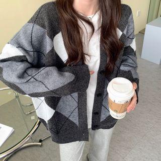 Argyle Loose-fit Cardigan Dark Gray - One Size