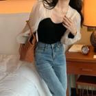 Two Tone Mesh Knit Blouse Black - One Size