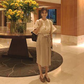 Wrap-front Linen Blend Midi Skirt With Sash