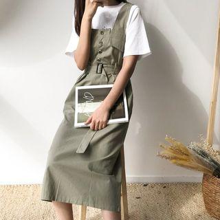 Button-front Jumper Dress With Belt