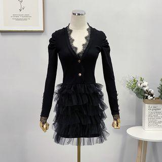 Long-sleeve Mesh Ruffled Sheath Dress