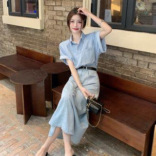 Denim Midi A-line Skirt / Short-sleeve Pocket Detail Shirt