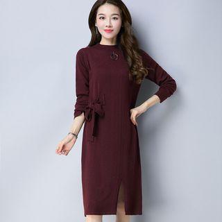Long-sleeve Ribbon-accent Knit Dress